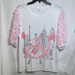 NWOT Kiss & Fly White Pink Parisian Graphic Tee Embellished Embroidered Sleeves